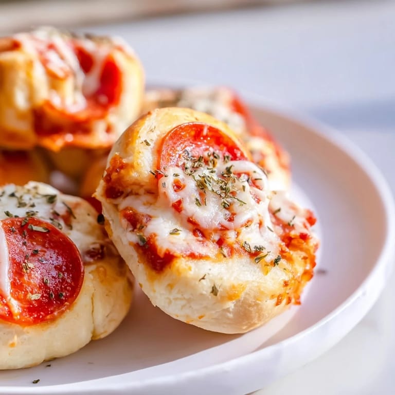A close-up of cheesy air fryer pizza rolls, ready to dip into a bowl of warm pizza sauce.