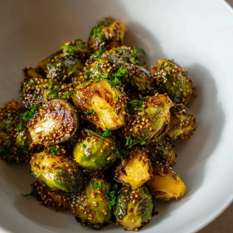 Taste the sweet and tangy glaze on these roasted honey mustard Brussels sprouts, ready for dinner.