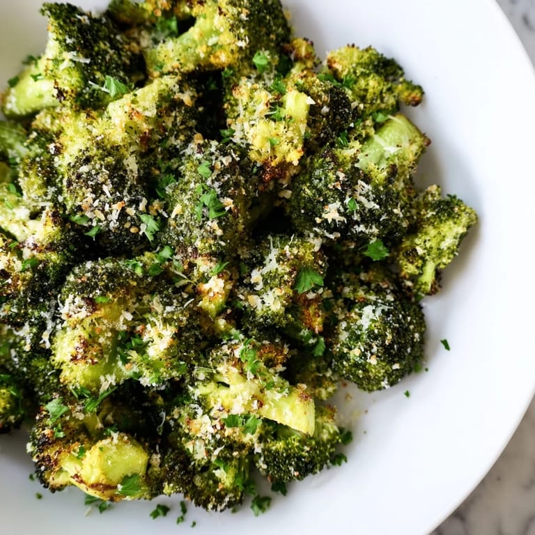 Vibrant photo of Garlic Parmesan Roasted Broccoli, ready to serve with extra Parmesan cheese.
