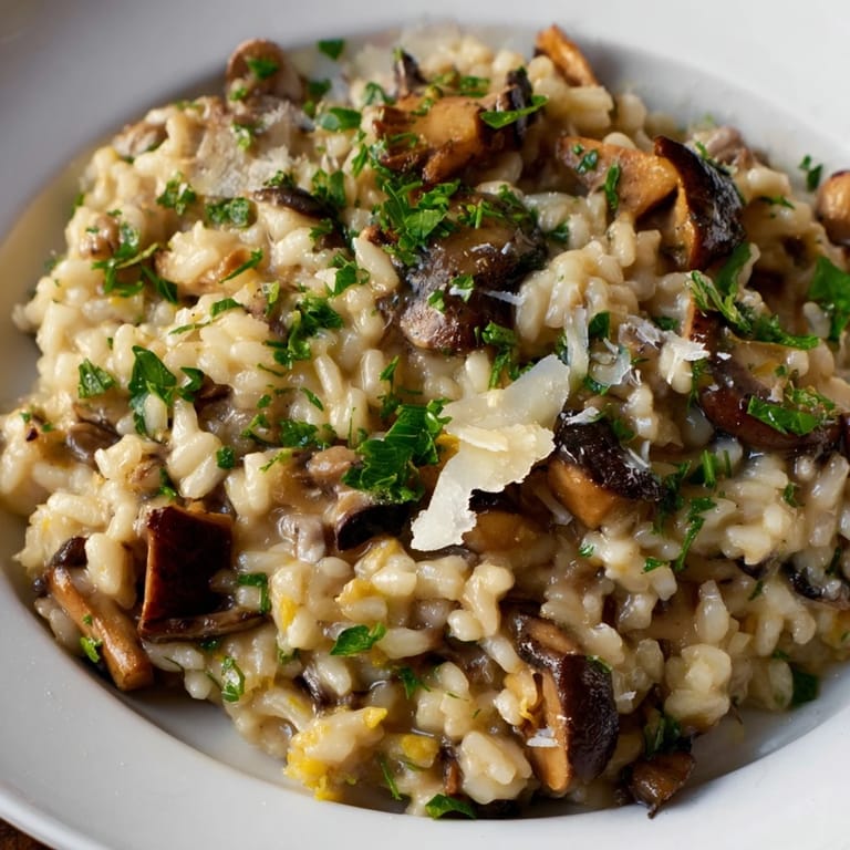 A warm bowl of Italian Mushroom Risotto, showcasing tender wild mushrooms and Arborio rice glistening.