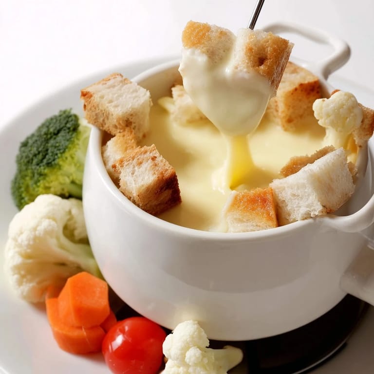 Warm, creamy Swiss Cheese Fondue with crusty bread cubes is the perfect comfort meal to share.