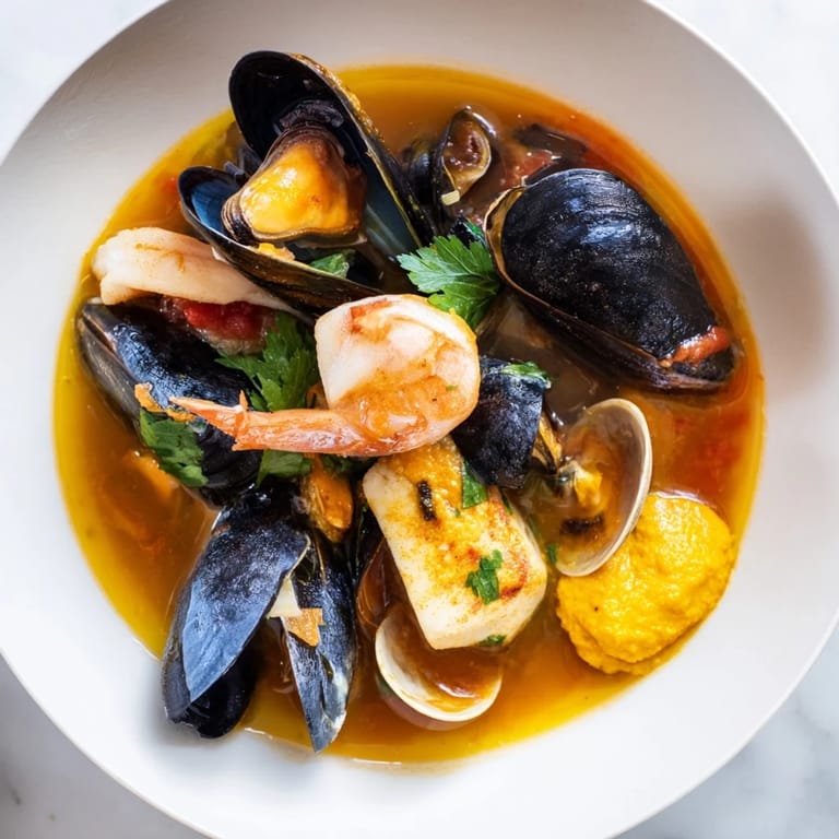 Garnished with parsley, this colorful bouillabaisse presents various fish, shellfish, and a dipping sauce.