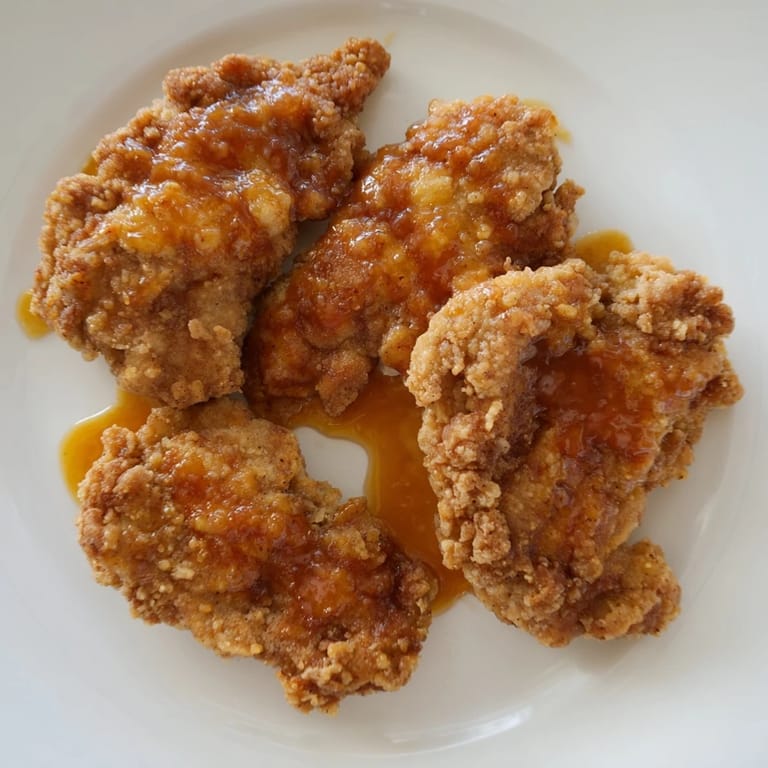 This close-up showcases crispy fried hot honey butter chicken, drizzled with sweet and spicy sauce.