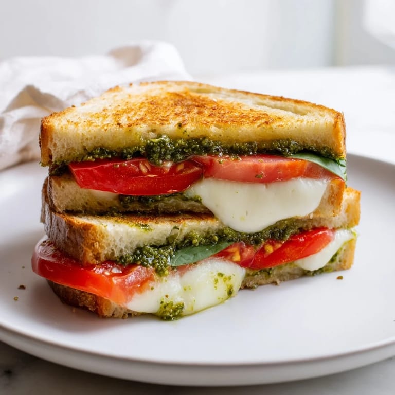 A close-up of a perfectly pressed Panini Press Innovations sandwich, with warm cheese oozing onto the plate.