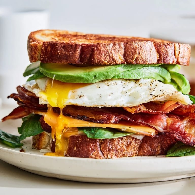 A close-up of a loaded breakfast sandwich with avocado, bacon, and a perfectly cooked egg on toasted bread.