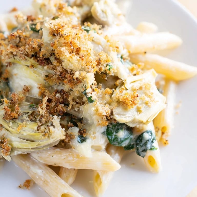 Artichoke Pasta Bake served in a ceramic dish, garnished with fresh parsley and extra Parmesan, ready for dinner.