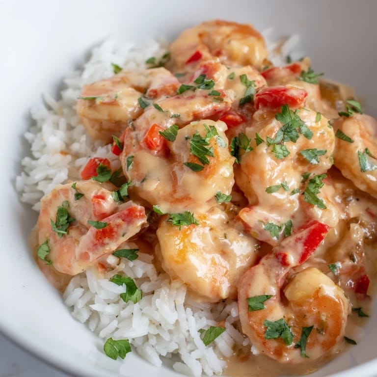 Close-up of creamy Cajun shrimp rice bowl with rich sauce, tender shrimp, and vibrant red bell peppers on a bed of steaming rice.