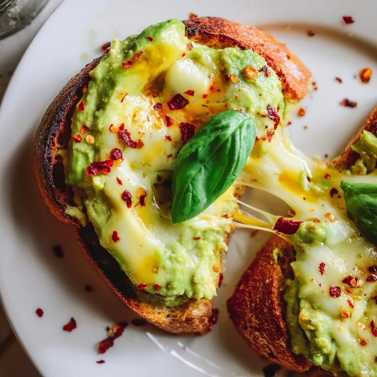 A close-up view of a golden avocado mozzarella tartine garnished with red pepper flakes for a spicy kick.  