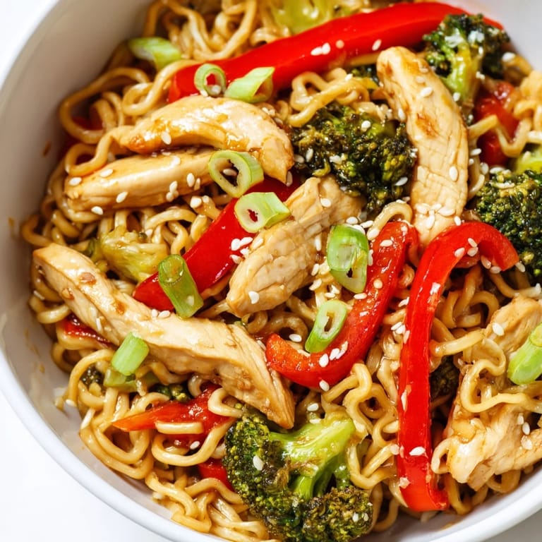 A skillet of Spicy Ramen Stir-Fry with colorful bell peppers, broccoli, and chicken, ready to serve for a quick weeknight dinner.