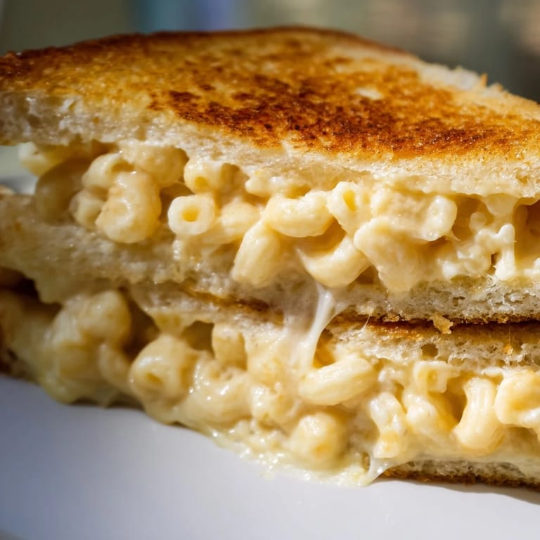 A close-up of the Mac & Cheese Grilled Cheese reveals melted cheddar oozing from between toasted sourdough slices, ready to be dipped in tomato soup.