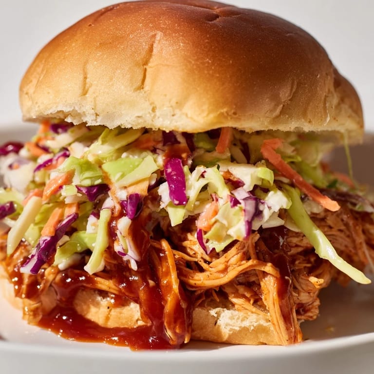 Freshly toasted slider buns overflow with saucy BBQ chicken and tangy, homemade cabbage slaw, ideal for game day.  
