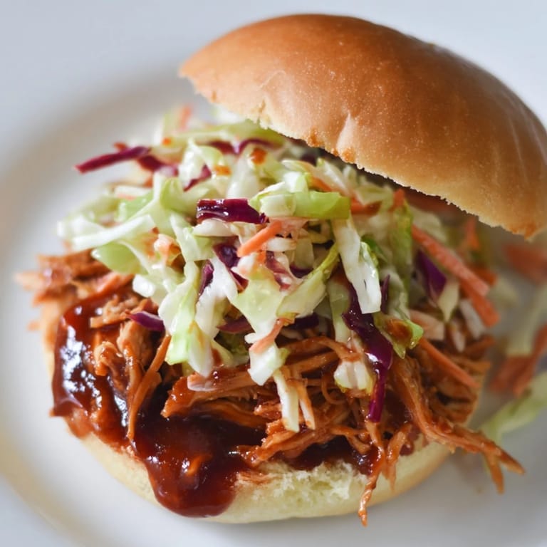 Juicy shredded BBQ chicken piled high on soft mini buns, finished with crisp slaw and a sweet barbecue glaze.