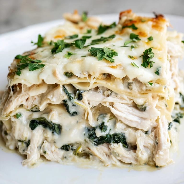 Sliced Chicken Alfredo Lasagna revealing layers of tender chicken, spinach, and velvety cheese sauce.