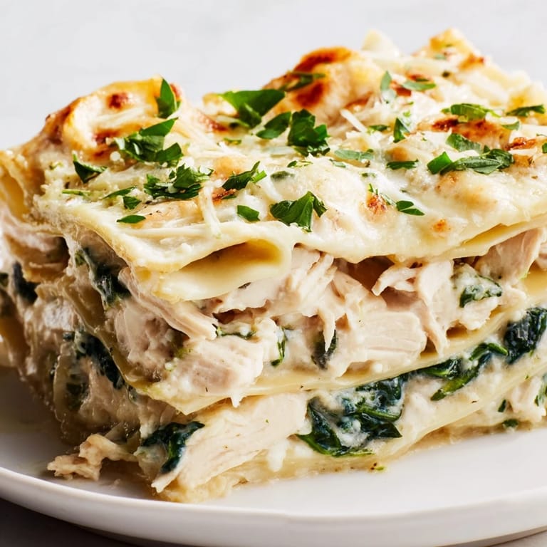 Comforting Chicken Alfredo Lasagna garnished with parsley, served with a crisp green salad.