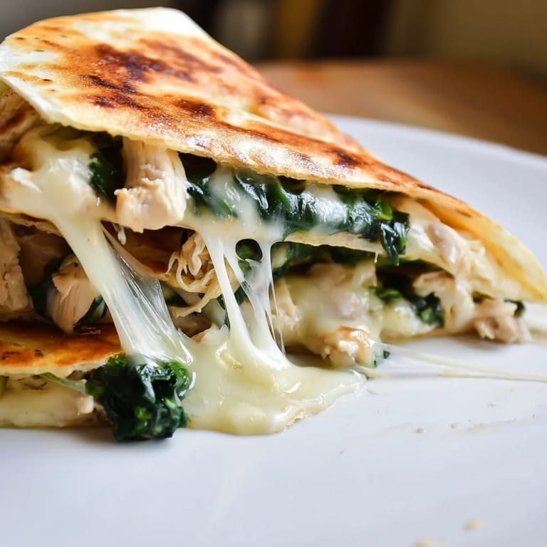 A close-up of a Chicken and Spinach Quesadilla showcasing crispy edges, shredded chicken, and fresh green spinach tucked inside.  