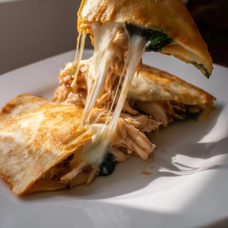 Perfectly grilled Chicken and Spinach Quesadilla cut into triangles, ready to dip into a side of creamy salsa.