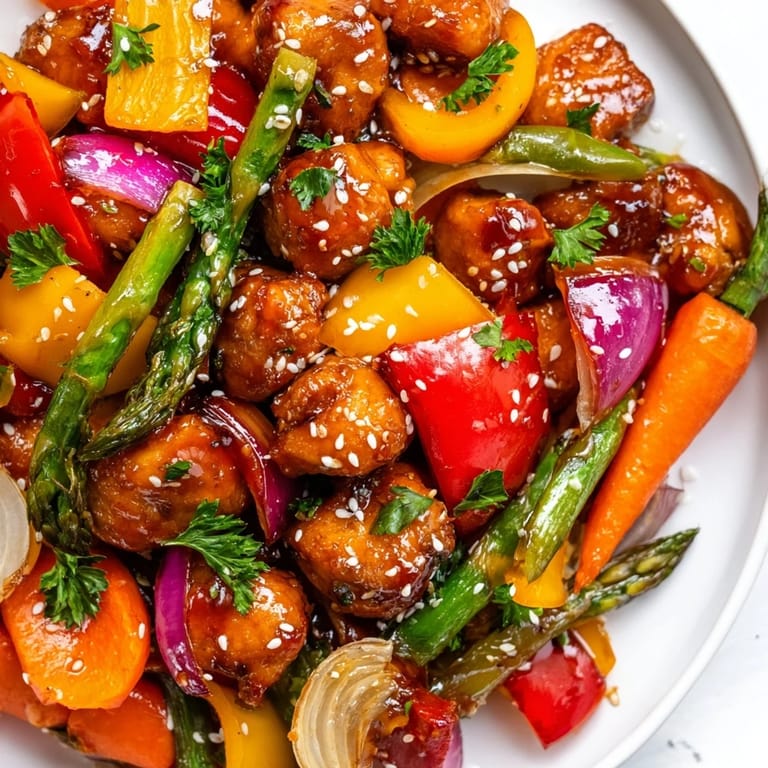 A single sheet pan holds tender bite-sized chicken alongside roasted red peppers and asparagus, drizzled with sweet-savory honey garlic sauce.
