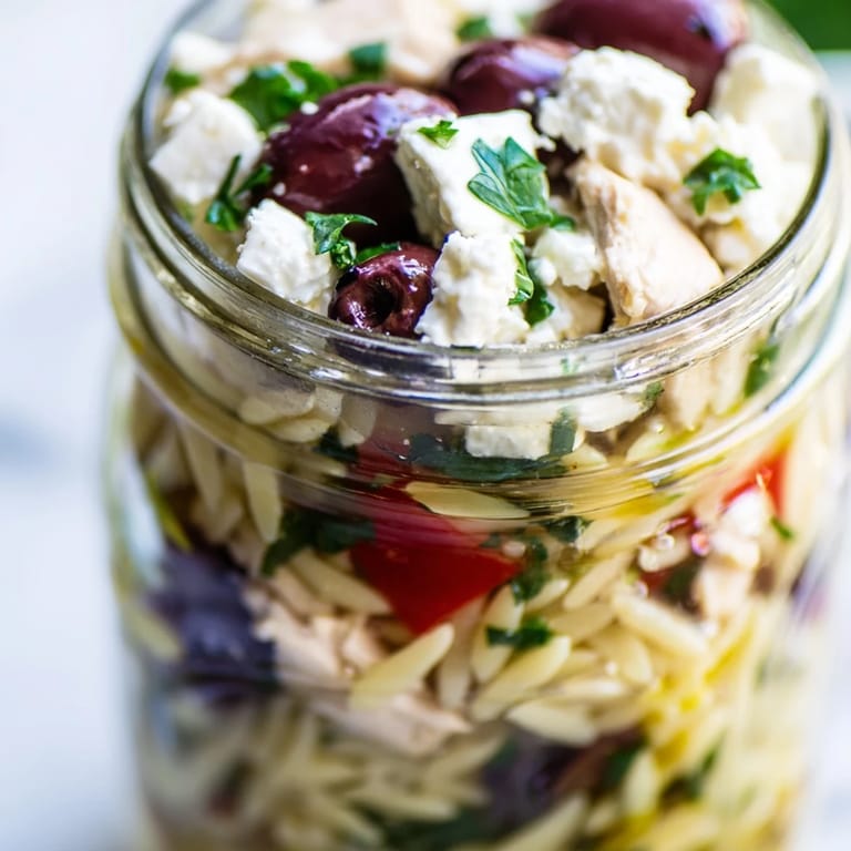 Greek Pasta Chicken Salad Jars display colorful layers of tomatoes, cucumbers, olives, and parsley in a mason jar.