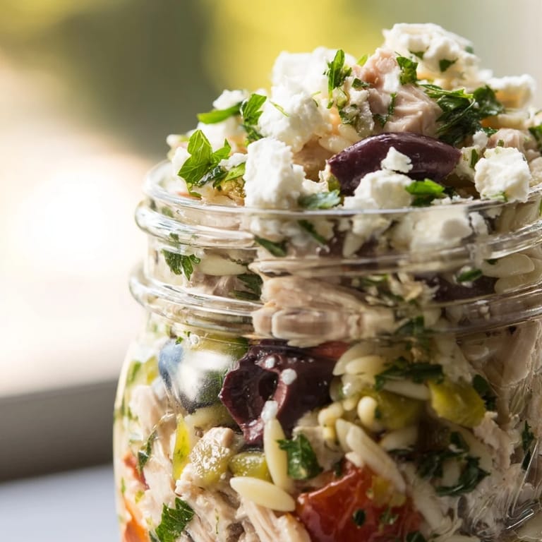 This grab-and-go Greek Pasta Chicken Salad Jar features hearty orzo, tender chicken, and briny olives ready for lunch.
