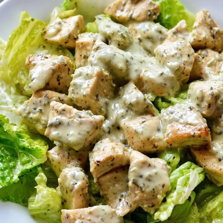 Close-up of Jalapeño Ranch Chicken Salad highlighting succulent chicken, fresh herbs, and a drizzle of zesty ranch dressing over greens.