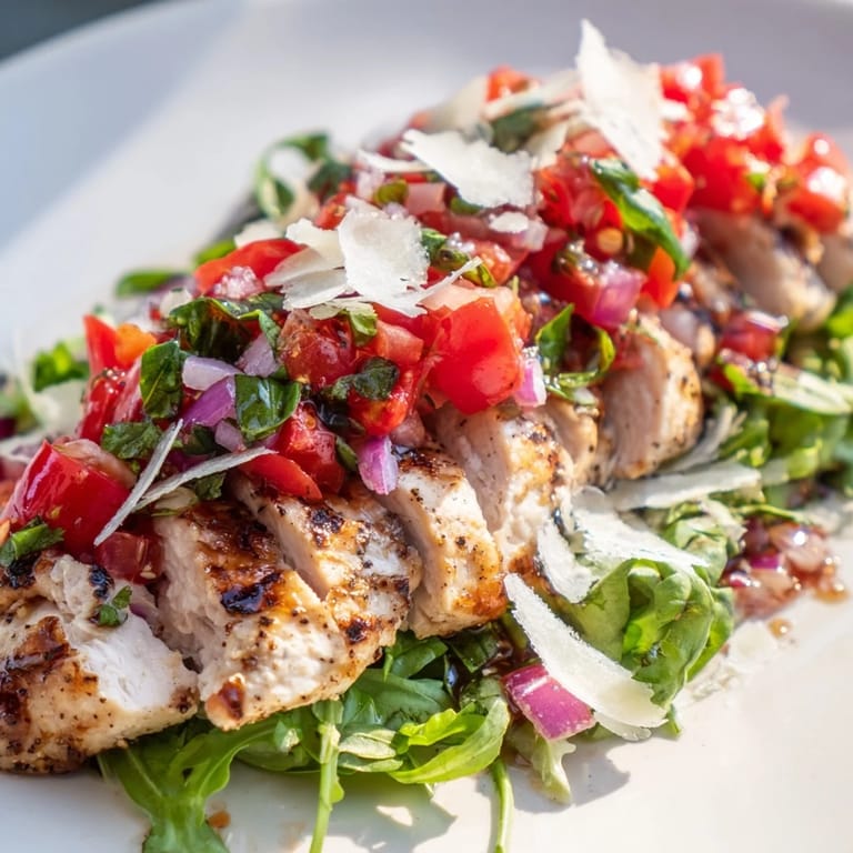 A close-up of Bruschetta Chicken Salad shows juicy grilled chicken, fresh tomatoes, and shaved Parmesan on crisp greens.