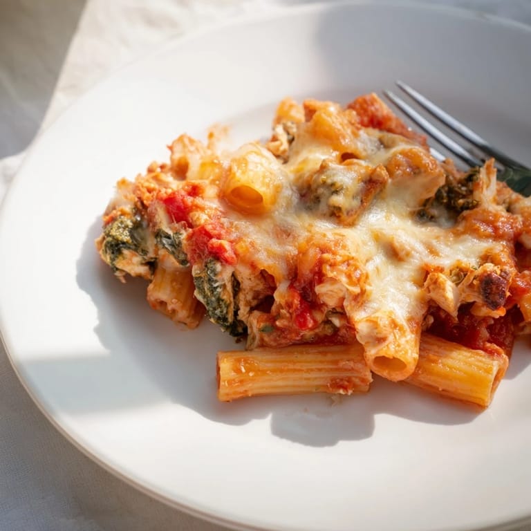 Steaming Pesto Chicken Pasta Bake served from a ceramic dish, showing tender chicken and vibrant green pesto.  