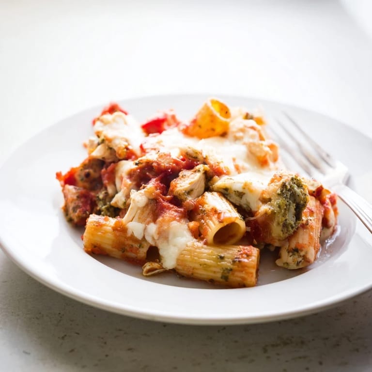 Family-style casserole of Pesto Chicken Pasta Bake bubbling with cheesy goodness, ready for a cozy dinner.