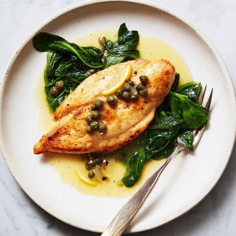 A close-up of tender Spinach Lemon Butter Chicken cutlets topped with melted butter, lemon zest, and sautéed spinach leaves for a bright, weeknight dinner.  