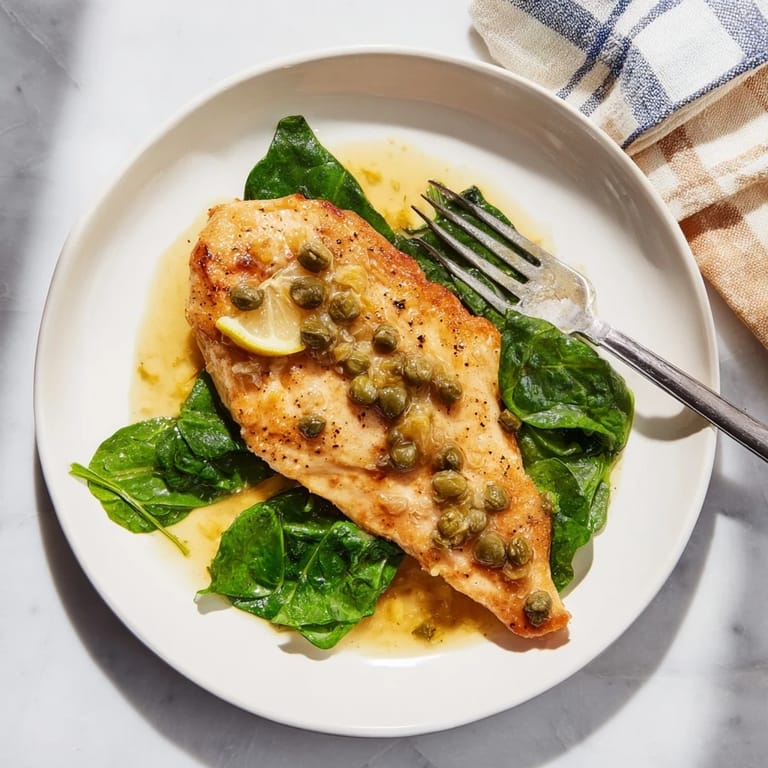 Plated Spinach Lemon Butter Chicken served over silky spinach with a spoonful of lemony sauce and a slice of fresh lemon on the side.