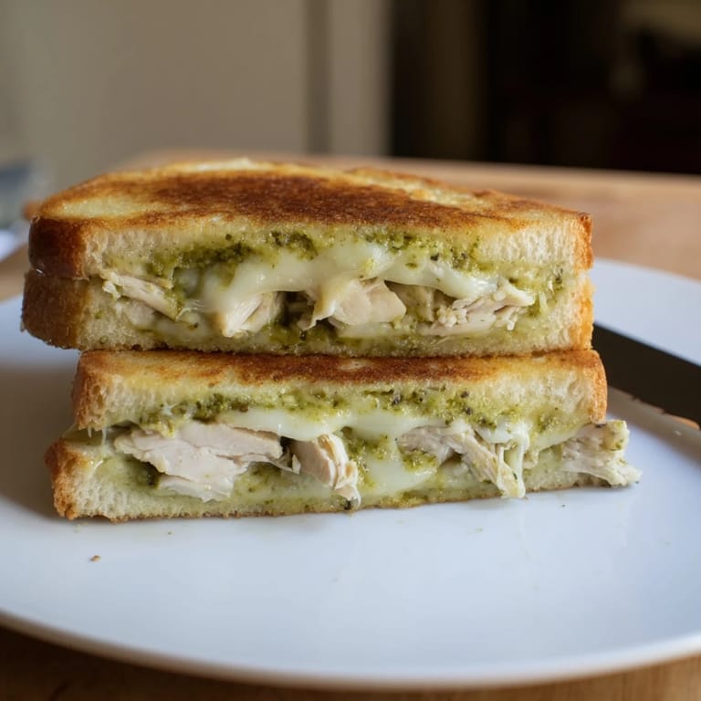 A close-up of melted mozzarella and savory pesto chicken in a perfectly toasted Mozzarella Pesto Chicken Grilled Cheese.