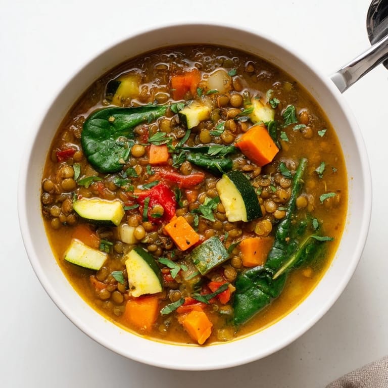 Savory Lentil and Vegetable Soup simmering in a pot, rich with carrots, zucchini, and spinach.