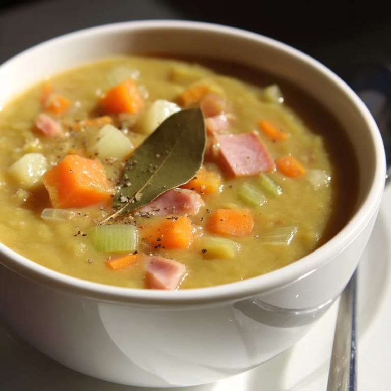 Hearty split pea soup garnished with fresh thyme, alongside crusty bread for dipping, perfect for chilly evenings.  