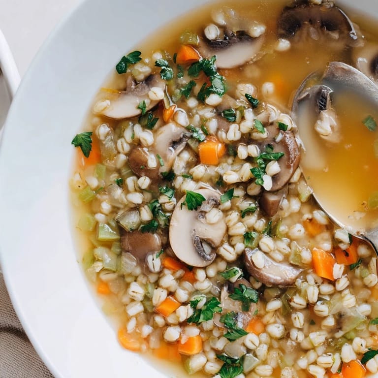A rustic wooden table holds a ladle of Mushroom and Barley Soup garnished with fresh parsley, perfect for a cozy vegetarian dinner.