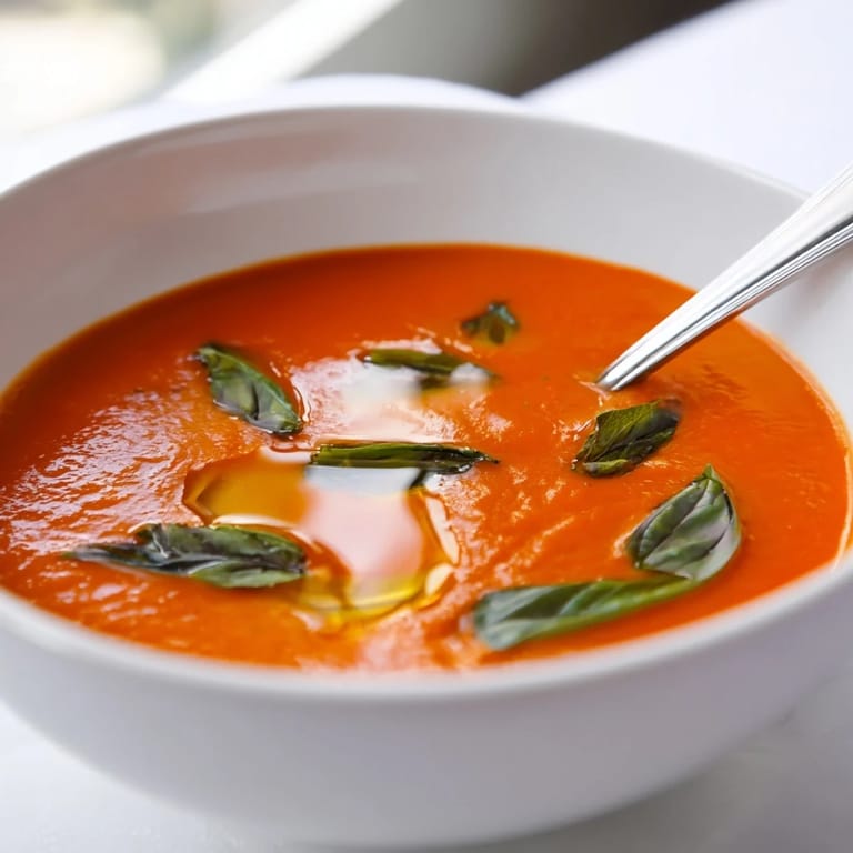 Perfectly velvety Tomato and Basil Soup, simmered with onions and garlic, finished with a touch of heavy cream and fresh basil for richness.