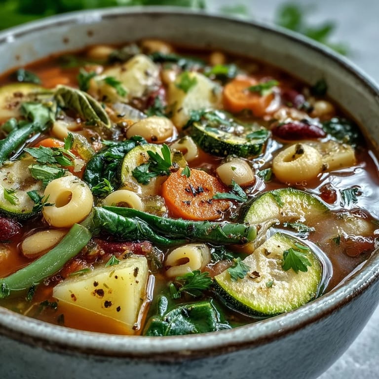 Warm bowl of classic Minestrone Vegetable Soup, a healthy weeknight dinner.