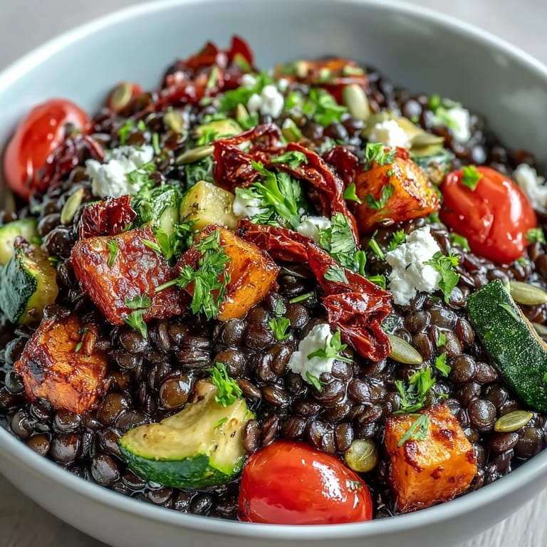 Hearty black lentil salad, bright with colorful roasted veggies and fresh herbs.