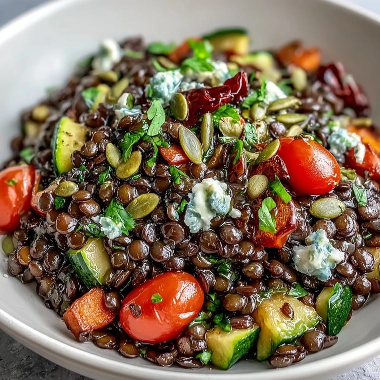 Flavorful black lentil salad, showcasing tender lentils and sweet caramelized vegetables.
