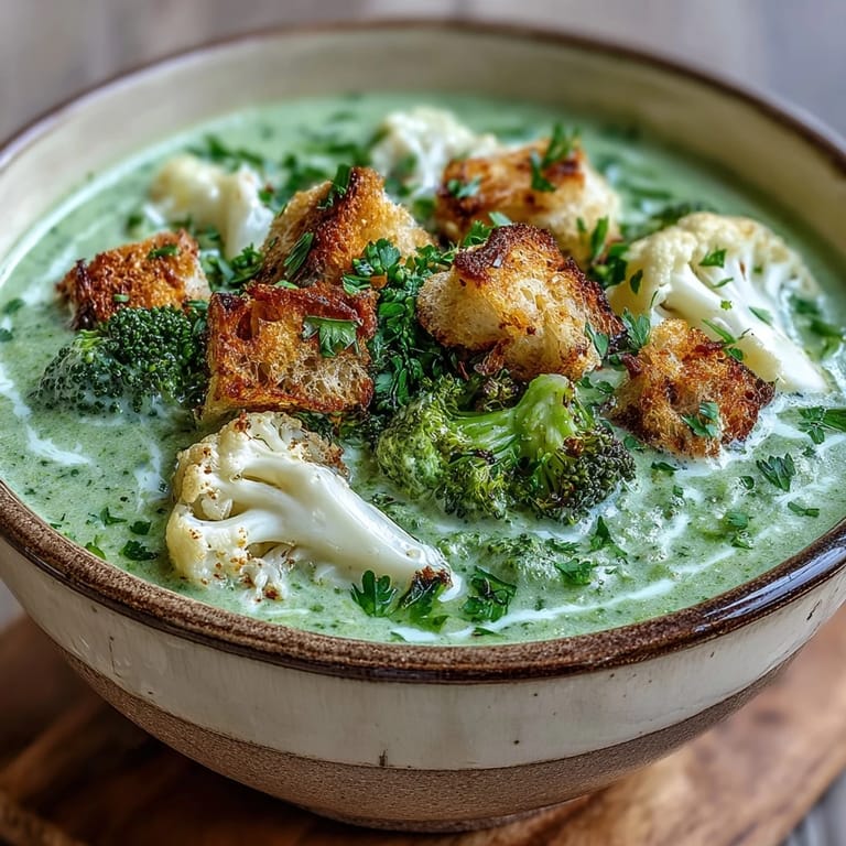 Deliciously rich cauliflower and broccoli soup, topped with golden, crispy bread bites.