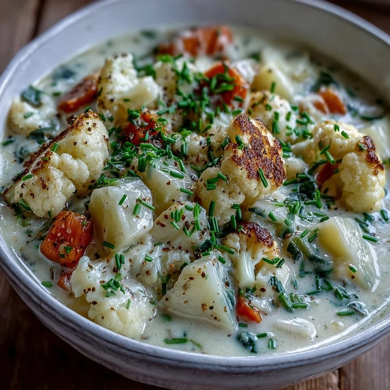 Flavorful vegetarian cauliflower chowder, garnished with fresh herbs, ready to enjoy.