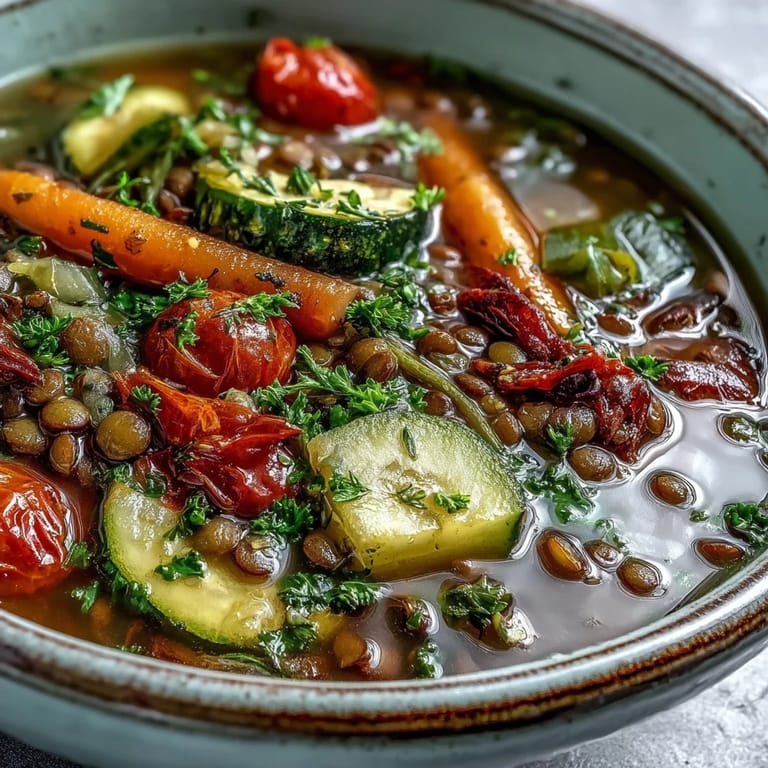 Nourishing Lentil and Vegetable Soup, bursting with garden flavors, perfect for dinner.