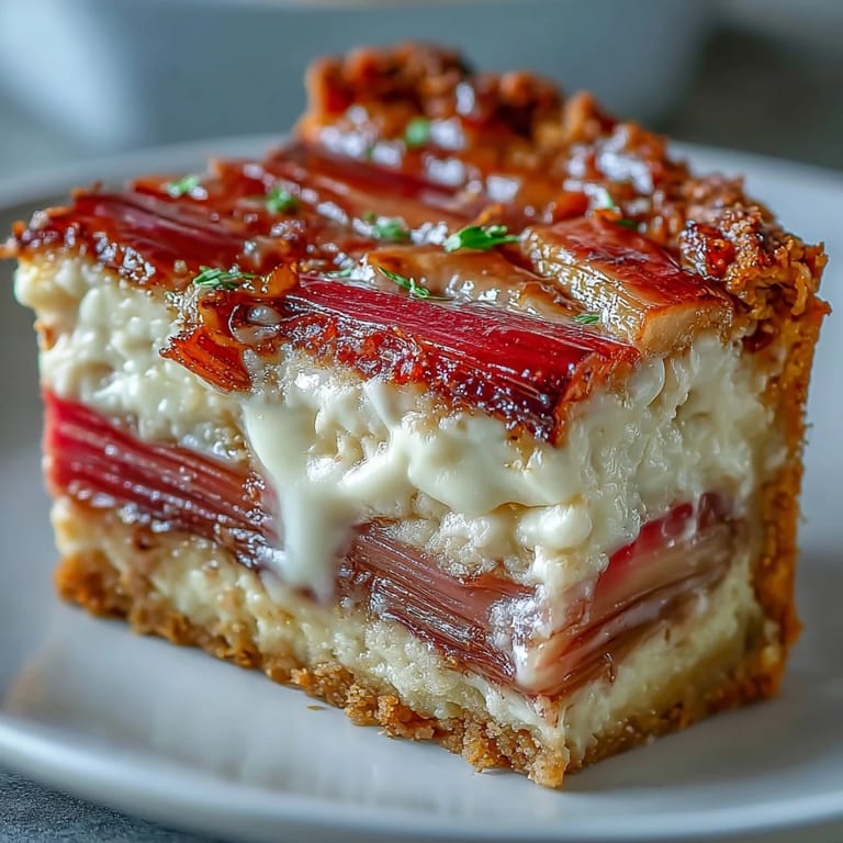 A smooth white chocolate and elderflower tart is garnished with tender roasted rhubarb, ready for a spring celebration.