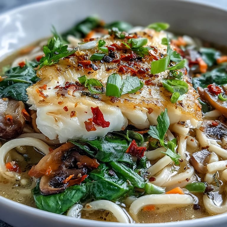 A close-up bowl of Poached Cod With Spiced Coconut Broth and Udon Noodles, featuring shiitake mushrooms and spinach in a creamy broth.