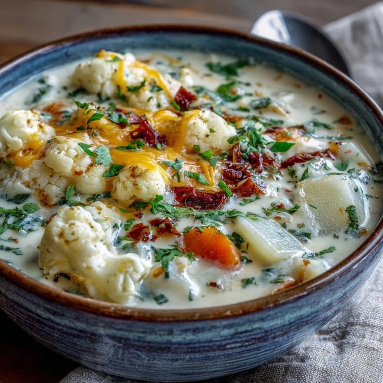 Close-up of Vegetarian Cauliflower Chowder in a white bowl, steam rising and a sprinkle of red pepper flakes for added warmth.