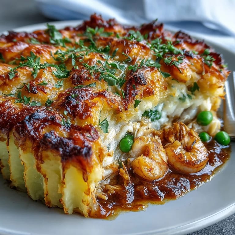 Comforting curried fish pie fresh from the oven, bubbling filling and golden potato crust ready to serve.