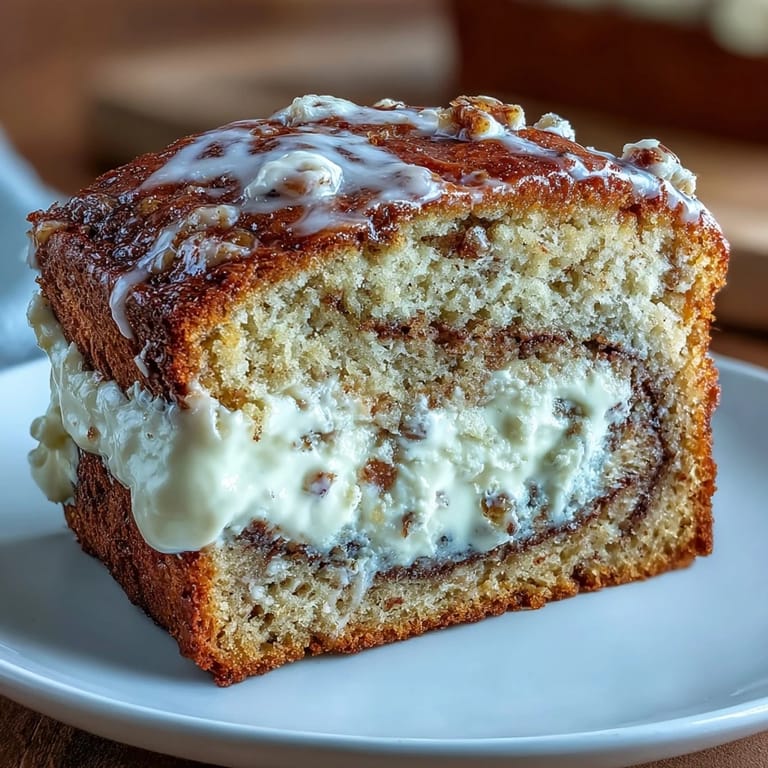 Warm slice of Cream Cheese Cinnamon Swirl Banana Bread served on a white plate with coffee, perfect for snacking or dessert.