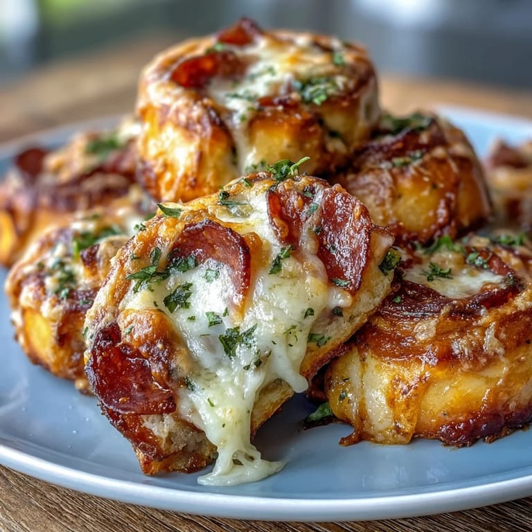 Freshly baked Irresistible High Protein Pepperoni Pizza Rolls served warm on a rustic wooden board, ready for a quick snack.