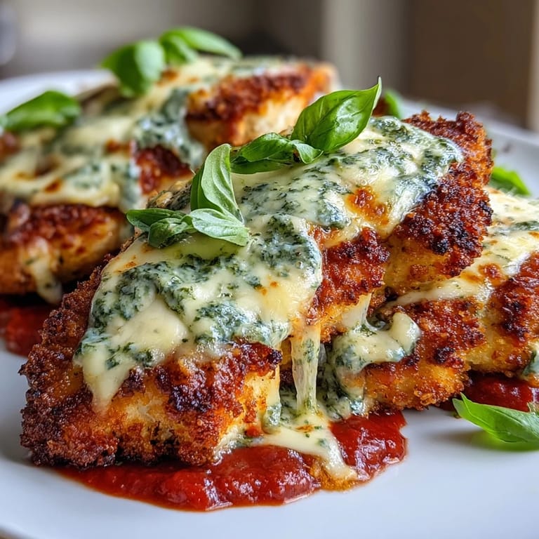 Close-up of Pesto Chicken Parmesan on a white plate, melted cheese bubbling over golden crust, served with pasta and fresh basil garnish.