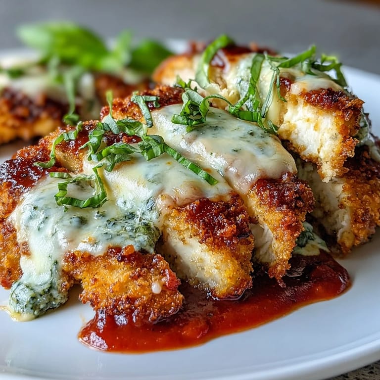 Freshly baked Pesto Chicken Parmesan in a dish, vibrant green pesto under rich tomato sauce and golden, bubbly mozzarella topping.