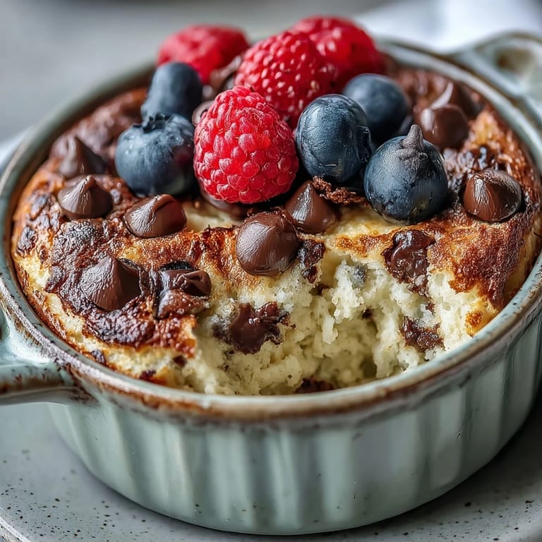 Warm Baked Protein Pancake Bowl topped with chopped nuts and yogurt, ready to enjoy straight from the ramekin.