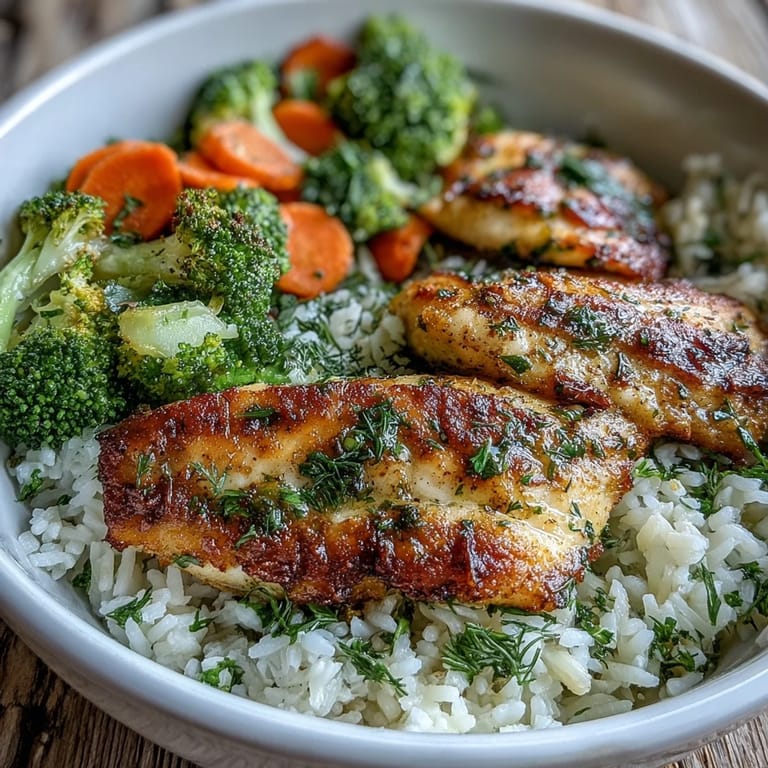 Healthy baked tilapia bowl featuring tender fish fillets, steamed vegetables, and fluffy rice ready for a family meal.